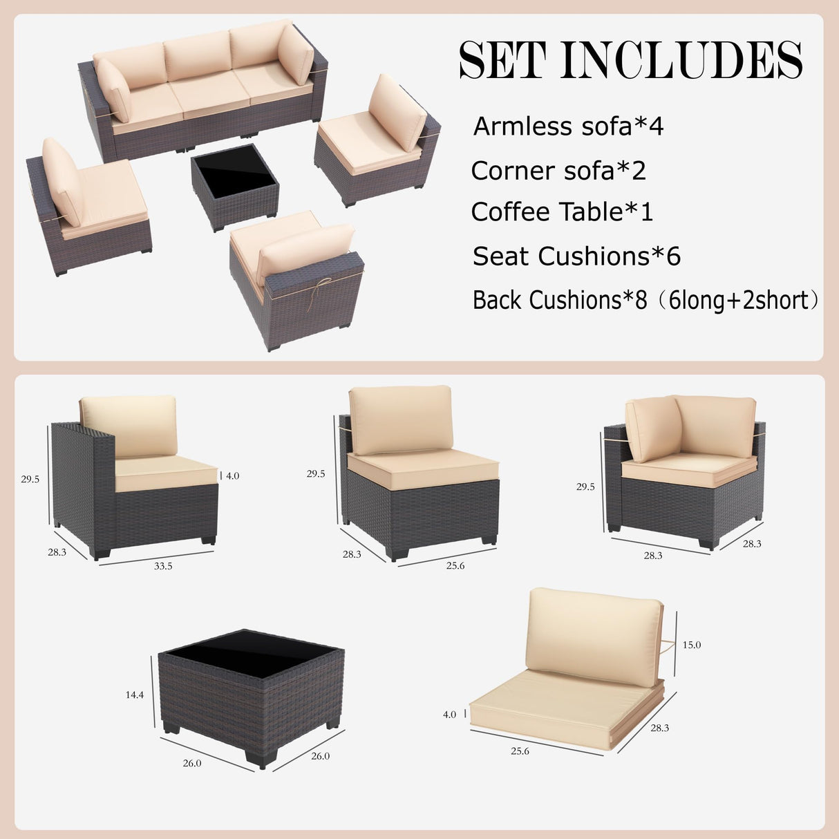 Gotland 7-Piece Outdoor Patio Furniture Set - All-Weather PE Rattan Sectional Wicker with Replaceable Khaki Waterproof Cushions & Coffee Table Gotland