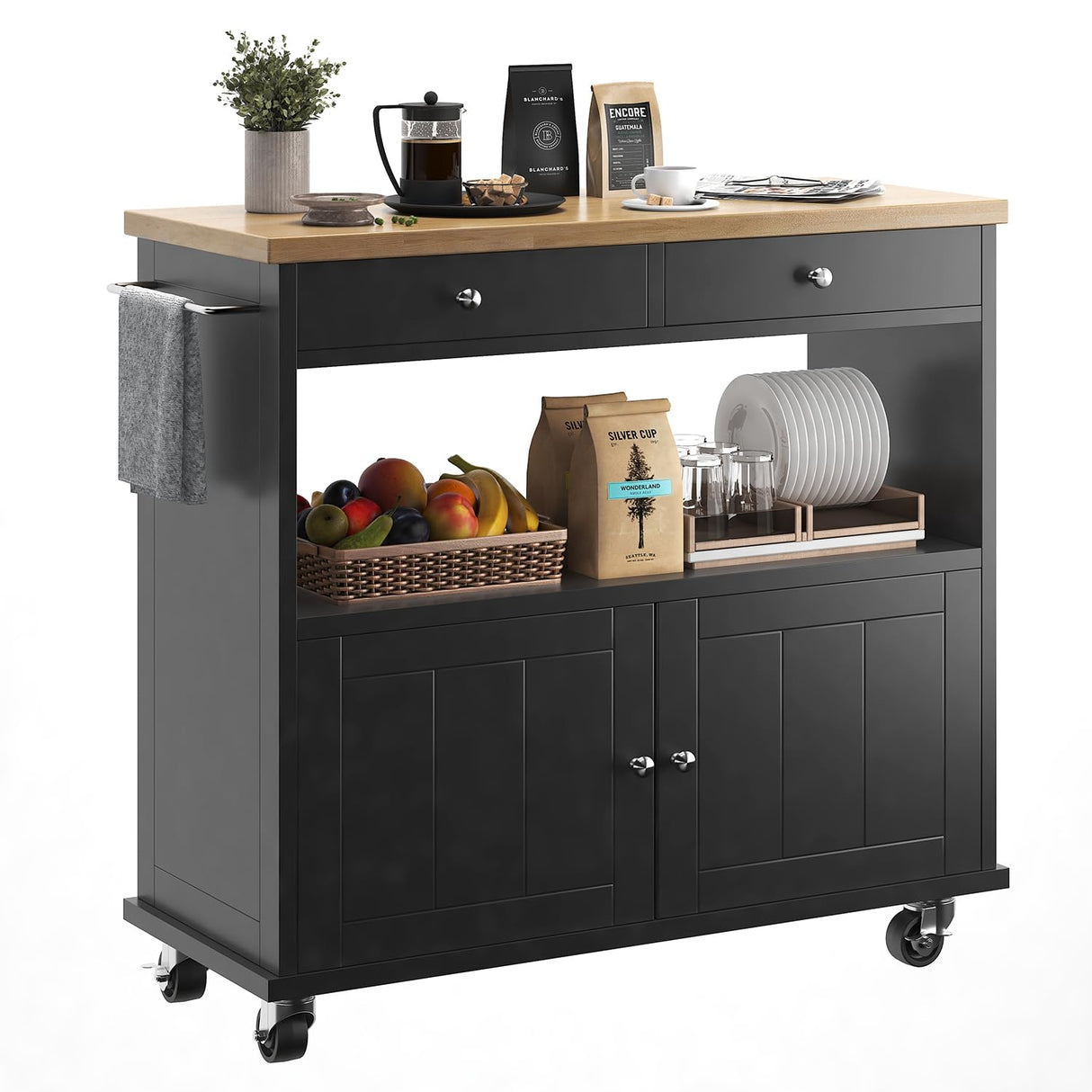 knoworld Rolling Kitchen Island with Storage Cabinet, 35.4'' Width Kitchen Cart, 2 Drawers Island Table, Portable Mobile Kitchen Island with Towel Rack, Wood Top and Lockable Wheels, Black knoworld