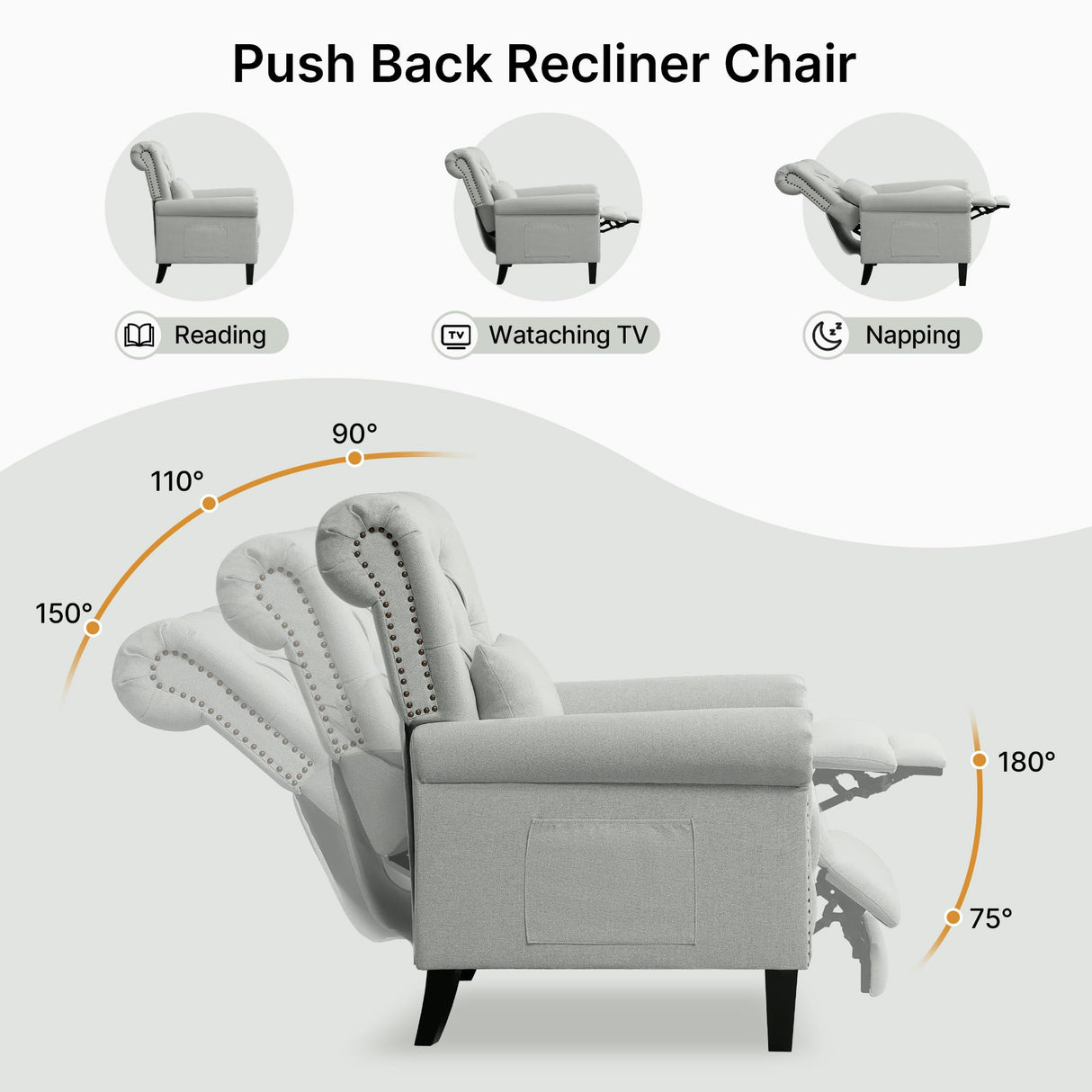 choairy Pushback Recliner Chair, Accent Push Back Chair with Adjustable Footrest Wingback, Upholstered Linen Fabric Reclining Sofa with Side Pocket, Comfy Modern Armchair for Living Room, Light Grey choairy
