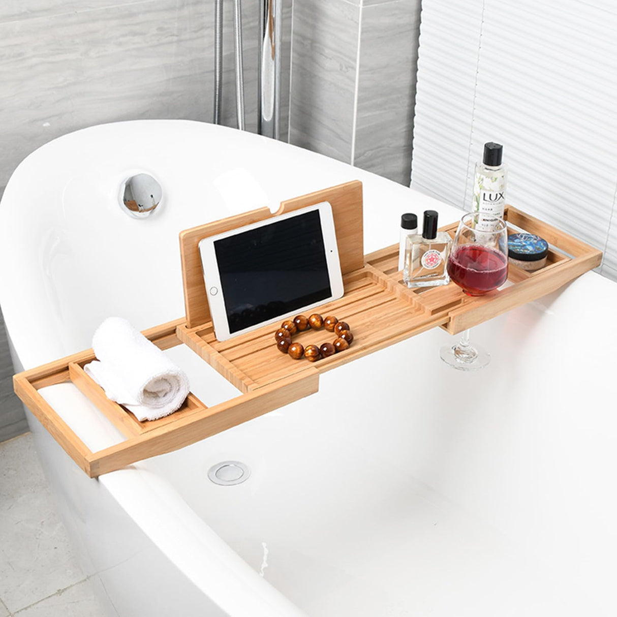 Hcirjhie Wood Foldable Bathtub Tray Caddy Bamboo Bathtub Tray Expandable, Bath Tub Table Caddy with Extending Sides - Bathtub Accessories for Women Hcirjhie