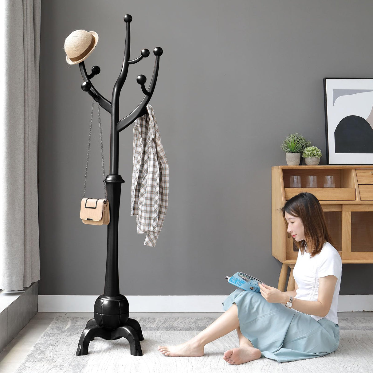 Heavy Duty Coat Rack Freestanding Wood Tree Rack with 8 Hooks, Unique Design Tree Branch-look, Premium Coat Tree Clothes Hanger Stand with Sphere Base for Entryway, Hallway, Bedroom-Load 160lbs Black Bekrvio