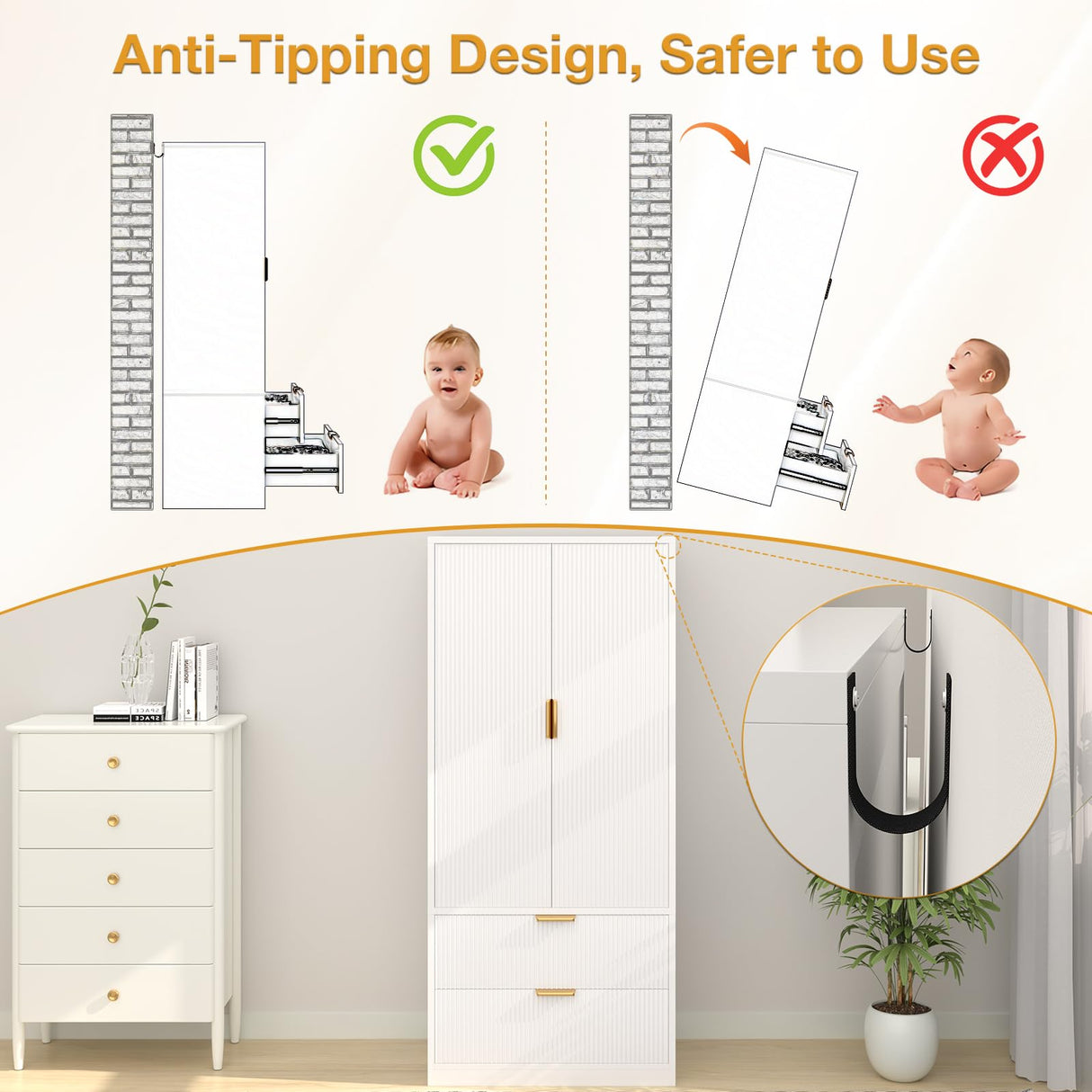 PPorfamilia 70" Wardrobe Closet with 2 Doors and 2 Drawers, Clothing Storage Cabinets with Hanging Rod, Modern Wooden Armoire Wardrobe Closet with Gold Handles for Bedroom Armoires Laundry PPorfamilia