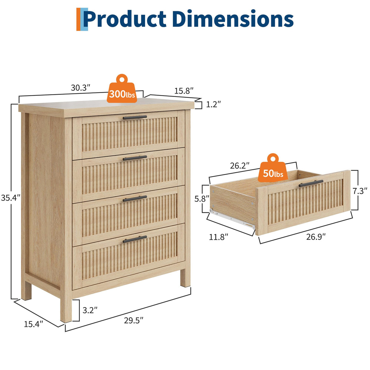 GarveeHome Fluted 4 Drawers Dresser for Bedroom, 35.4 in Tall Chest of Dressers for Closet, 4 Fluted Drawers with Metal Handle, Large Clothes Storage Cabinet for Bedroom, Nursery, Living Room, Natural GarveeHome
