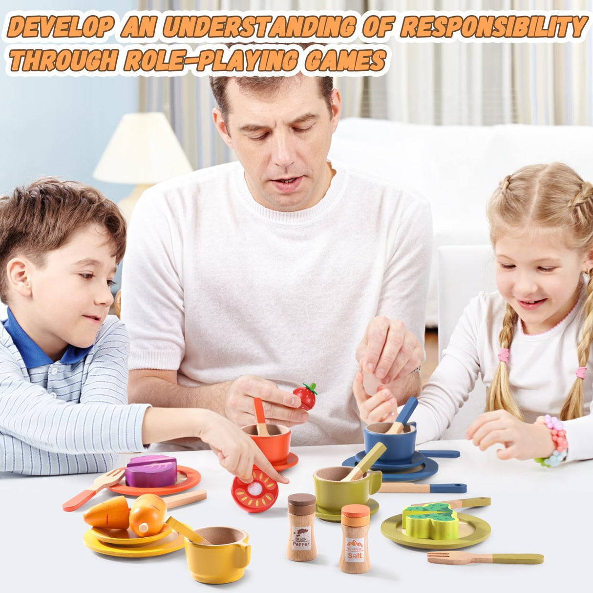 GAGAKU Wooden Dish Set for Kids,Play Dishes for Kids Kitchen, Wood Plates Set for Toddler, Montessori Wooden Kitchen Toys Accessories GAGAKU