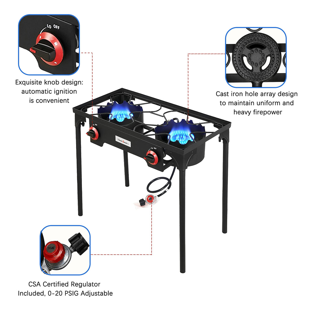 Vivicreate Propane Gas 20 PSIG high pressure regulator outdoor camping camp garden BBQ grill stove burner vivicreate