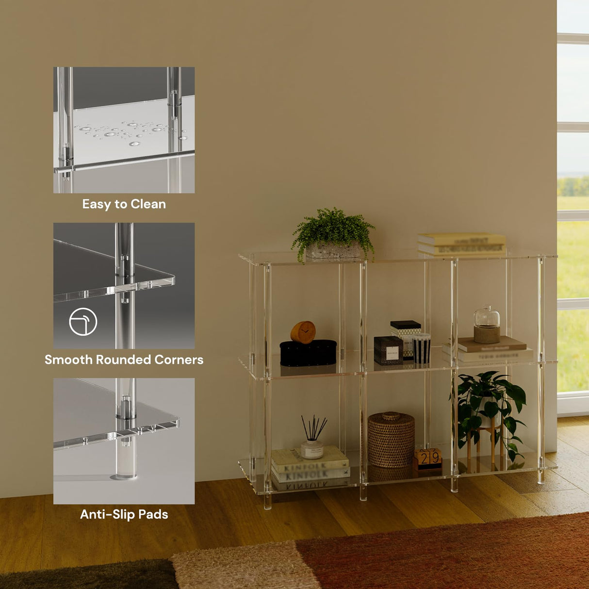 CRTERICX Acrylic Horizontal Bookshelf, 11.6" D x 35.4" W x 26.5" H, 3-Tier Clear 6 Cube Organizer Bookcase, Open Low Book Shelf for Home Office, Living Room, Bedroom, Modern, Easy Assembly CRTERICX