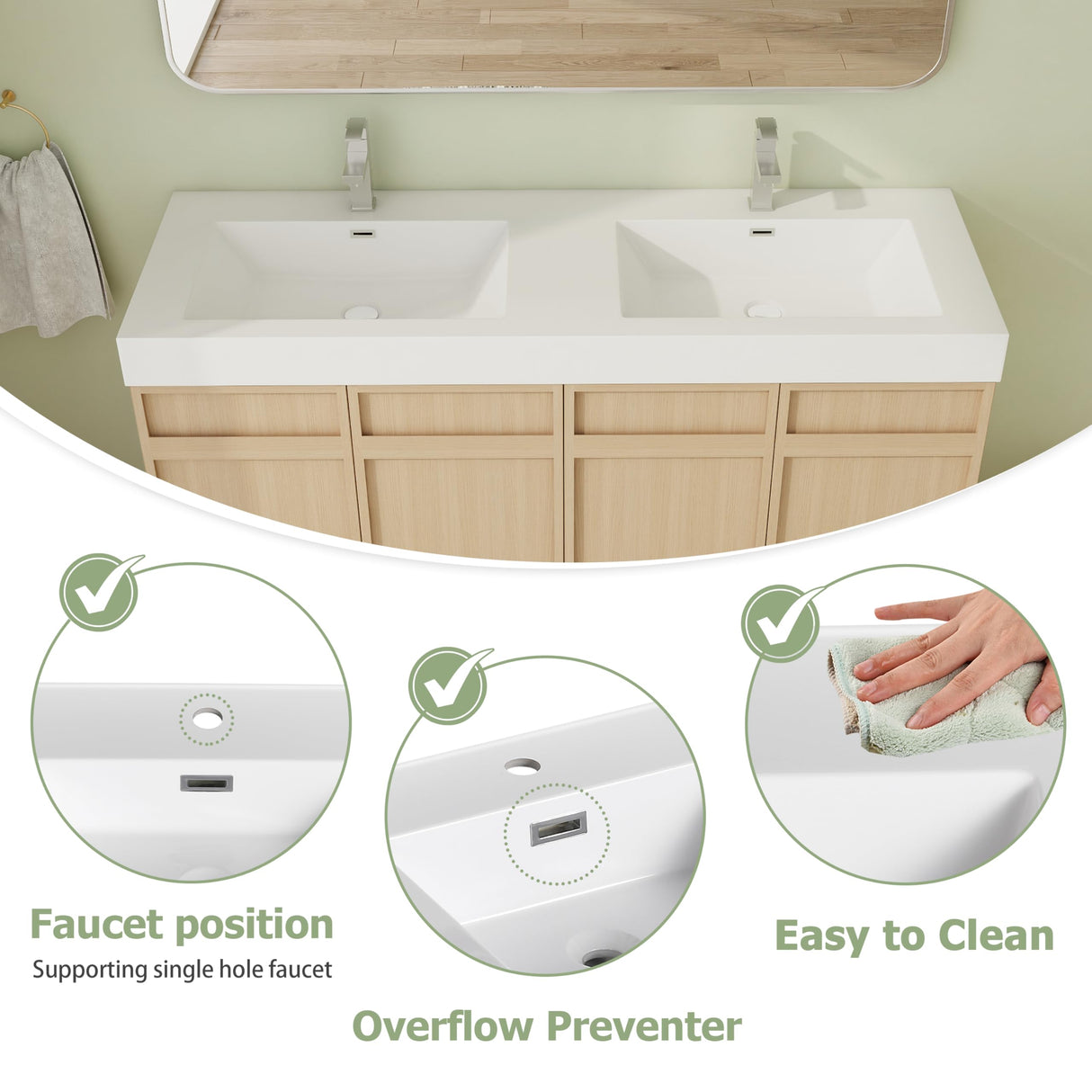 Calieton 60 Inch Freestanding Vanity, 60" Bathroom Vanity with Sink, Double Sink Floor Stand Vanity Combo, Modern Brown Bathroom Vanity Set with 4 Doors and White Basin Sink Calieton