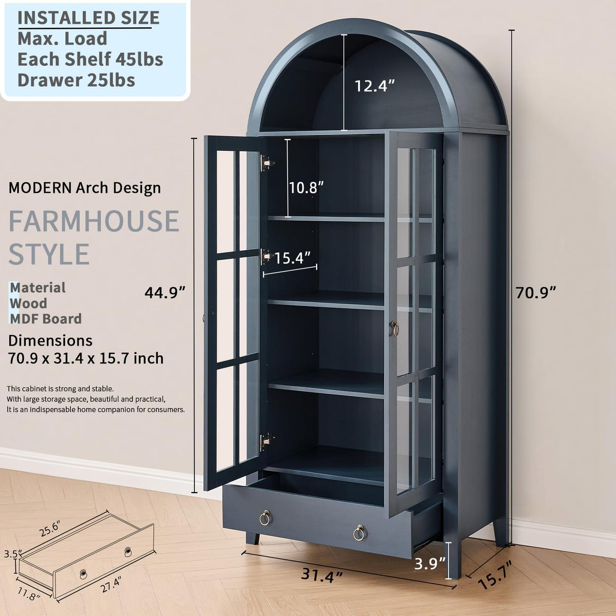 RowyPoey Farmhouse Arched Cabinet with Glass Doors, Wood Display Cabinet with Drawer and Adjustable Shelves, 71” Tall Bookshelf Modern China Storage Kitchen Pantry for Living Room,Office (Navy Blue) RowyPoey