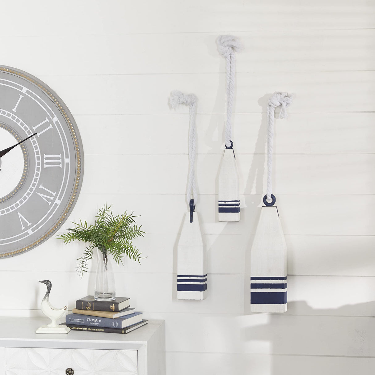 Deco 79 Wood Buoy Handmade Decorative Sculpture Home Decor Statues with Rope Accents, Set of 3 Accent Figurines 17", 15", 12"H, White Deco 79