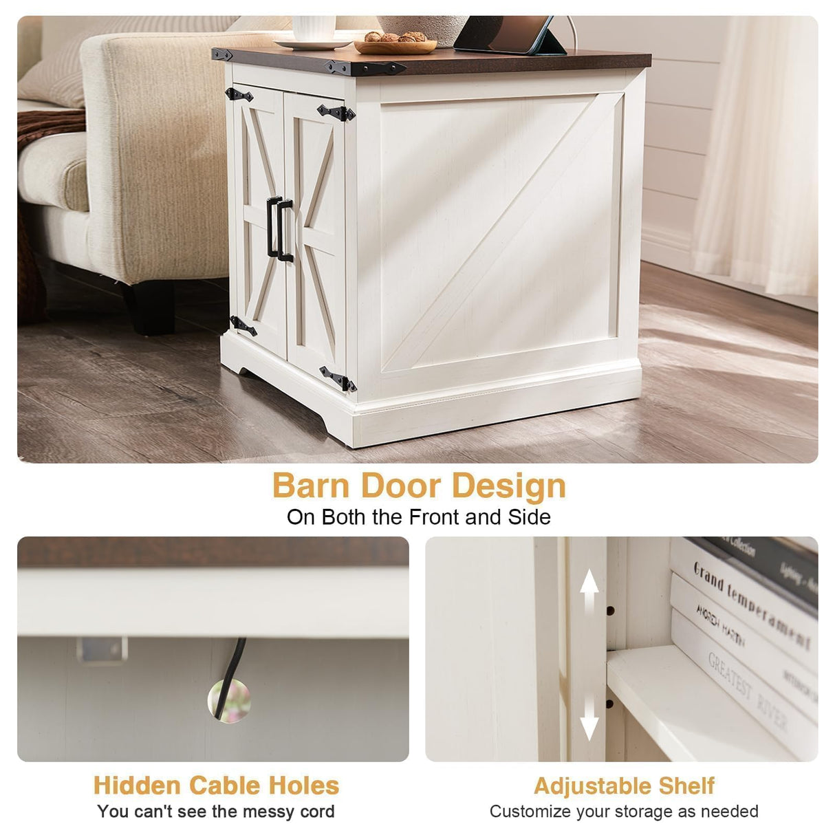 Barnyatoh Farmhouse End Table with Charging Station,24" Large Sofa Side Table with Barn Door, Rustic Wood Square Nightstand Bedside Table with Adjustable Shelf for Living Room, Bedroom,Antique White Barnyatoh