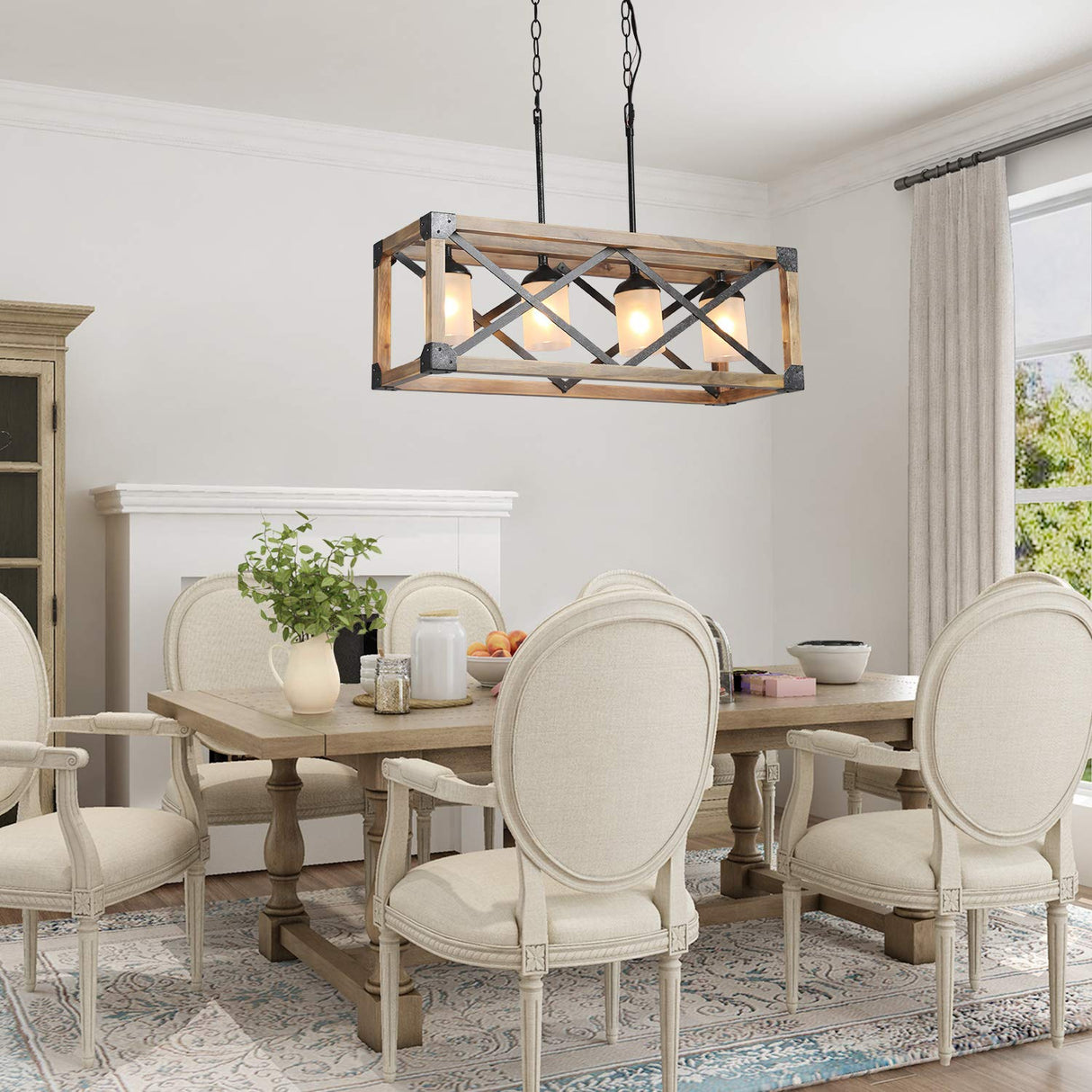 LNC Farmhouse Chandelier, 4-Light Dining Room Light Fixture, Rectangular Chandelier with Frosted Glass Globes, 27.5” L, Brown LNC