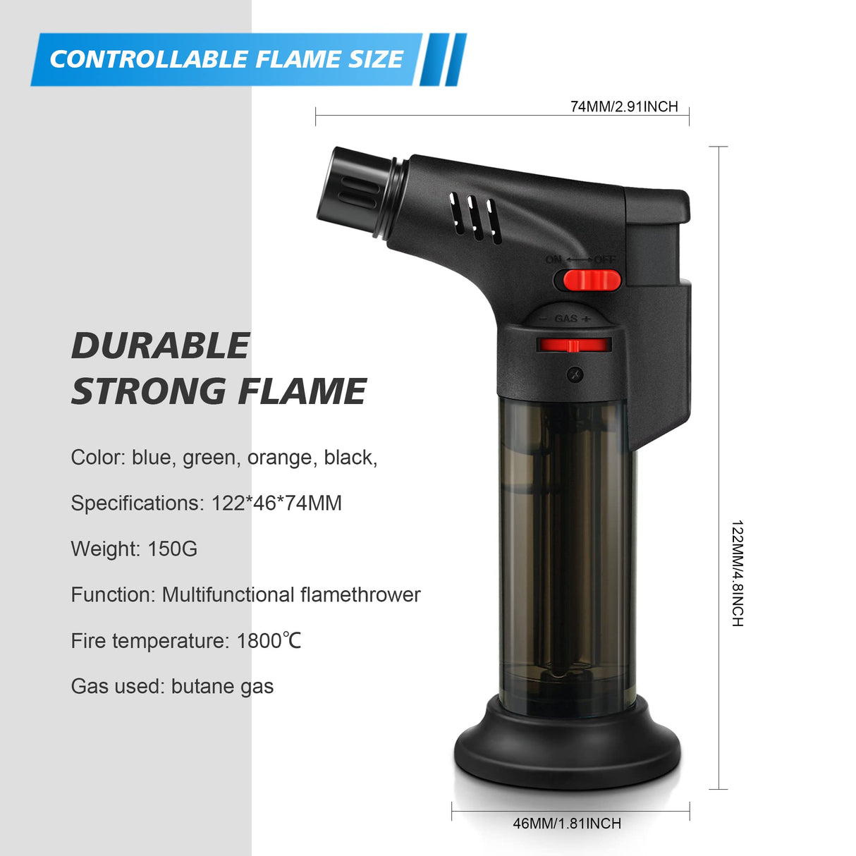 Samniu 4 Pack of Torch Lighter, Jet Flame, Butane gas, Mini Refillable Windproof Lighters, for candle, fireplace, grill (Gas not Included) Samniu