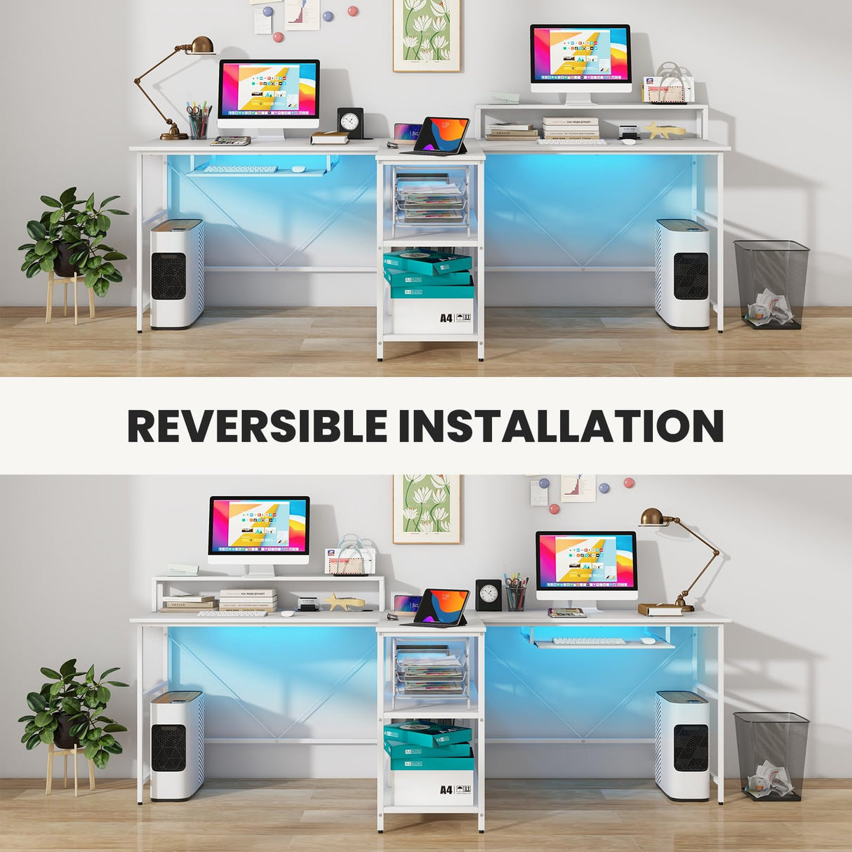 Tangkula 2-Person Reversible Computer Desk with LED Lights, 94.5” Long Office Desk with Power Outlets, Monitor Stand, Keyboard Tray & 2 Storage Shelves, Double Desk for Gaming Working Writing (White) Tangkula