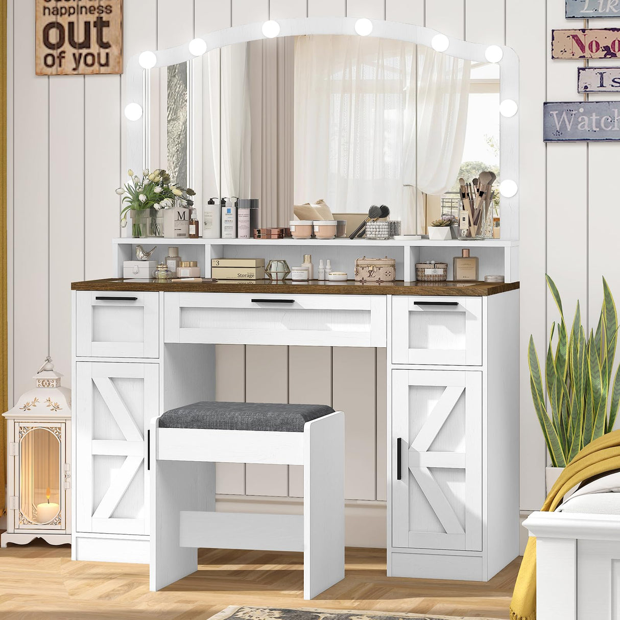usikey Farmhouse Vanity Desk with Large Lighted Mirror and 10 Lights, 43.3" Glass Tabletop Makeup Vanity with 3 drawers, Large Vanity Tabel Set with Long Shelf, 2 Cabinets and Stool, Antique White usikey