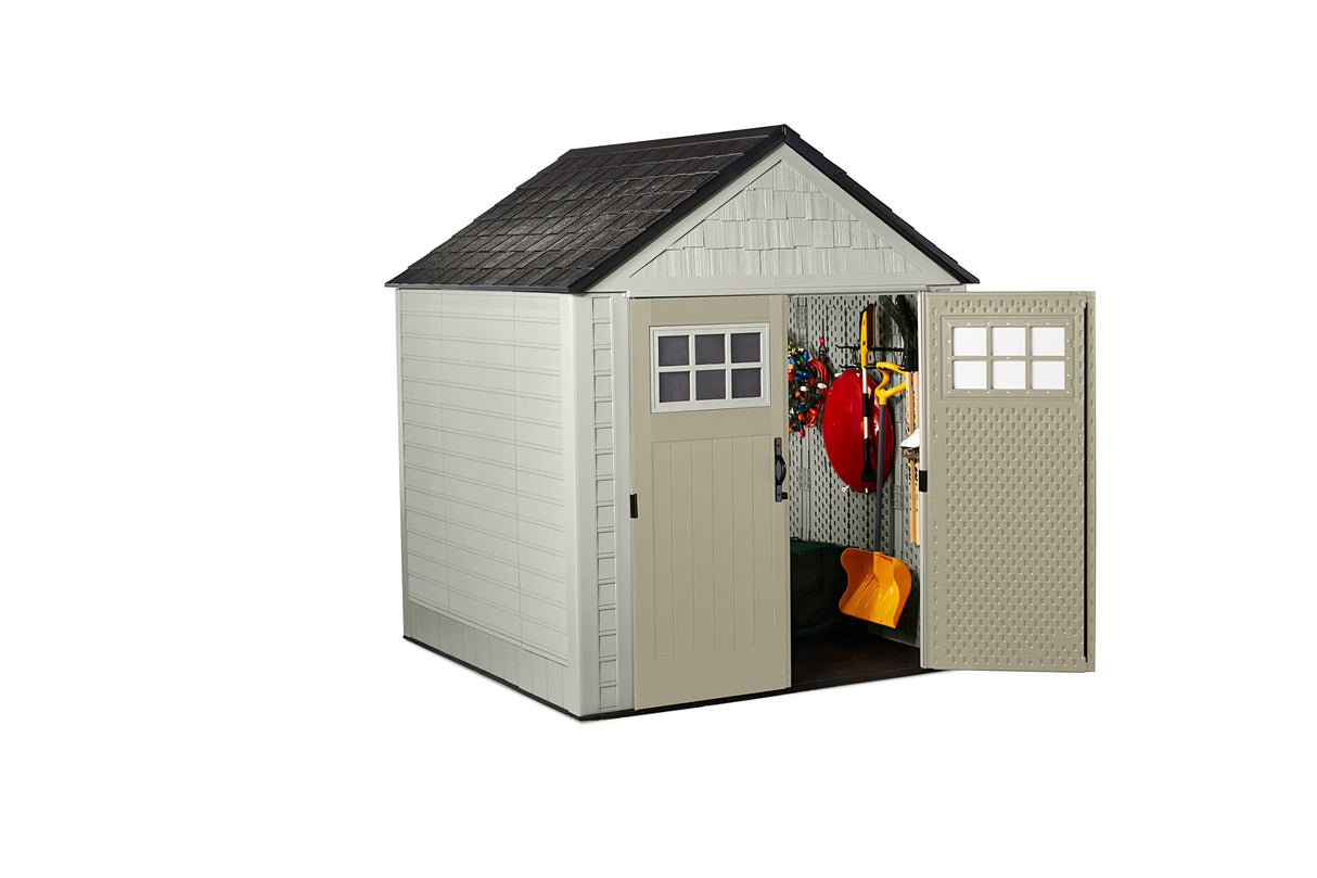 Rubbermaid Resin Outdoor Storage Shed With Floor (7 x 7 Ft), Weather Resistant, Beige/Brown, Organization for Home/Backyard/Garden Tools/Lawn Mower/Bike Storage/Pool Supplies Rubbermaid