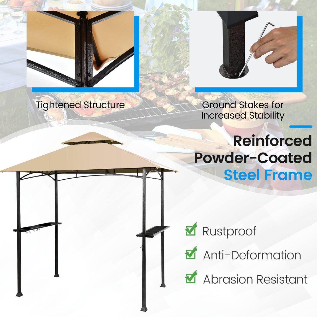 Giantex Grill Gazebo, 8ft x 5ft Grill Station with Canopy, Heavy Duty Steel Frame, 2 Side Shelves, 5 Hooks, 8 Ground Stakes, Outdoor Grill Shelter Barbecue Tent for Backyard Patio Camping (Beige) Giantex