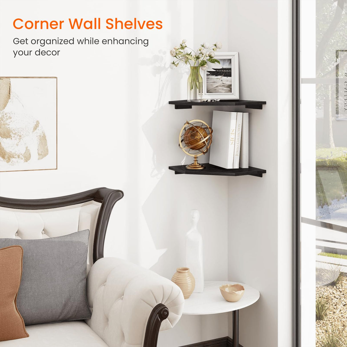 Homode Corner Shelf Wall Mount, Set of 2 Corner Floating Shelves with Wire Hole for TV, Cable Box, Wood Hanging Storage Shelf Organizer for Bathroom Kitchen Living Room Bedroom, Black Homode