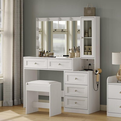 CollaredEagle 43" W Vanity Desk with Mirror & 11 Lights, 5 Drawer Modern Makeup Desk with Glass top & Cushioned Stool, 3 Lighting Modes Brightness Adjustable,Power Outlet,Bedroom,White