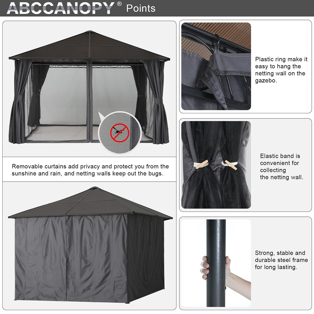 Hardtop Patio Gazebo with Curtains and Netting by ABCCANOPY ABCCANOPY
