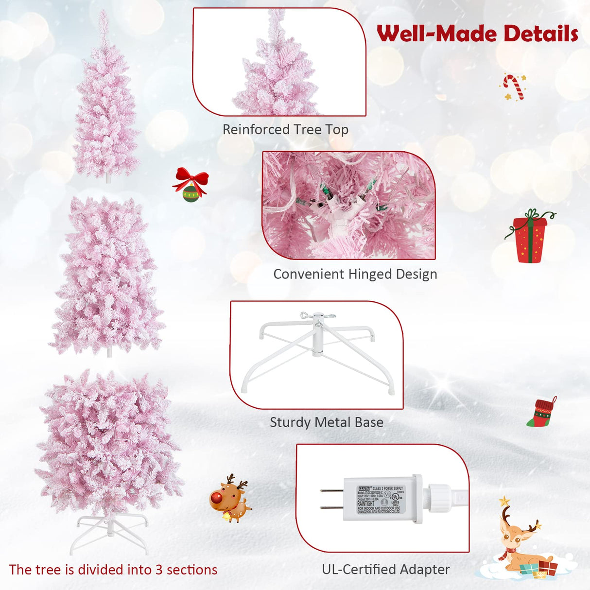 Goplus 7ft Pink Pre-Lit Pencil Christmas Tree, Snow Flocked Artificial Slim Tree with 800 Branch Tips, 300 LED Lights, 8 Lighting Modes, Life-Like Hinged Xmas Tree for Indoor Home Office Holiday Decor Goplus