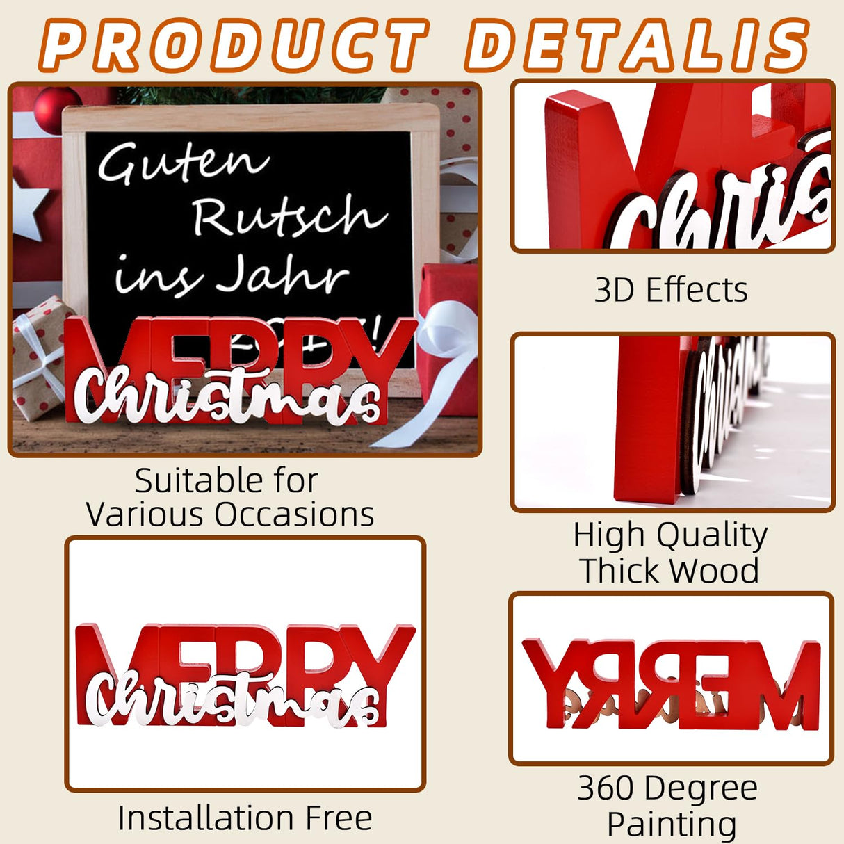 GHOSTMAGIC Merry Christmas Sign, Wooden Christmas Decoration Signs, Merry Christmas Wood Cutout, Free Standing Christmas Centerpiece, Xmas Party Decor for Table Tiered Tray Mantel (red) GHOSTMAGIC