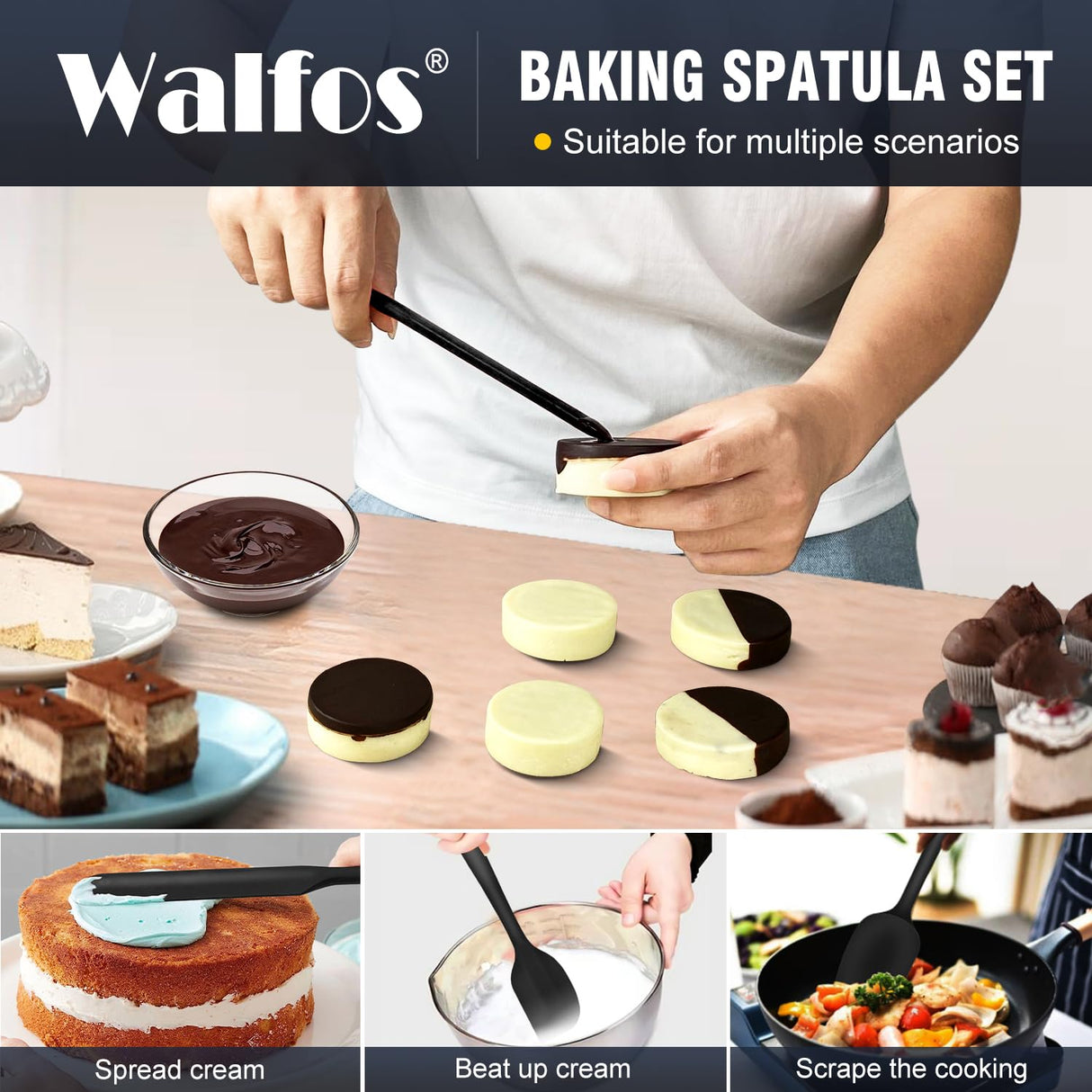 Walfos Silicone Spatula Set of 5 - (600°F) High Heat Resistant Kitchen Scraper Spatulas, One-Pieces Seamless Design, Perfect for Cooking Mixing & Baking - BPA Free and Dishwasher Safe,black Walfos