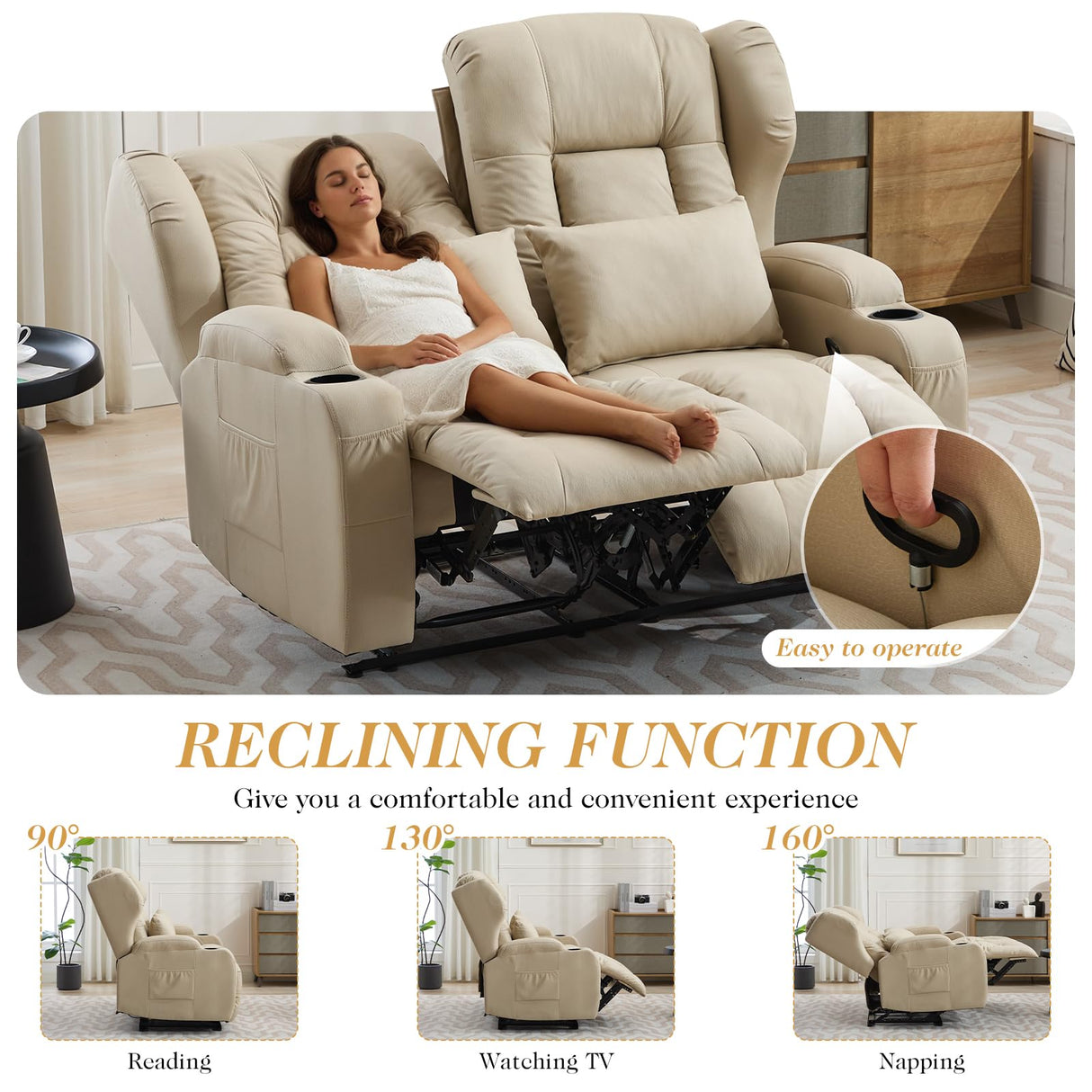 Loveseat Recliner Sofa,RV Couch 6'' Wall Hugger Recliners for Small Spaces,Fabric Reclining Loveseat Sofa Recliner with Cup Holders/Lumbar Pillows,RV Furniture (Beige, Loveseat) Generic