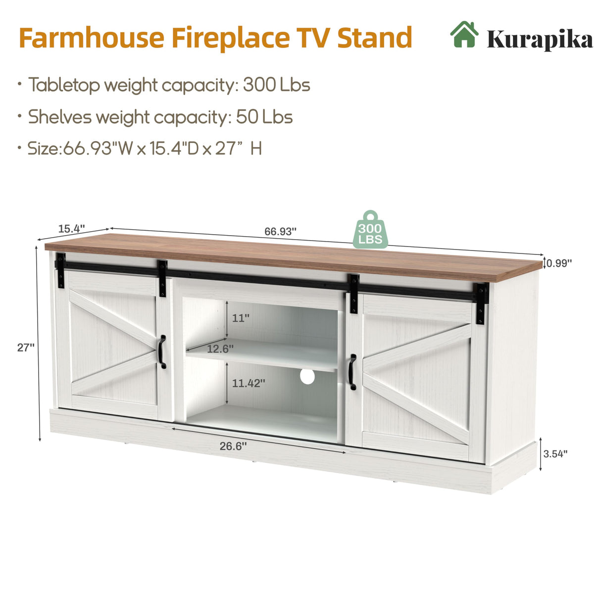 Kurapika Farmhouse TV Stand and Entertainment Center for TV Up to 75 Inch, with Adjustable Shelf and Sliding Barn Doors, Media Furniture with Storage Cabinet and Console Table, 67 Inch, White Kurapika