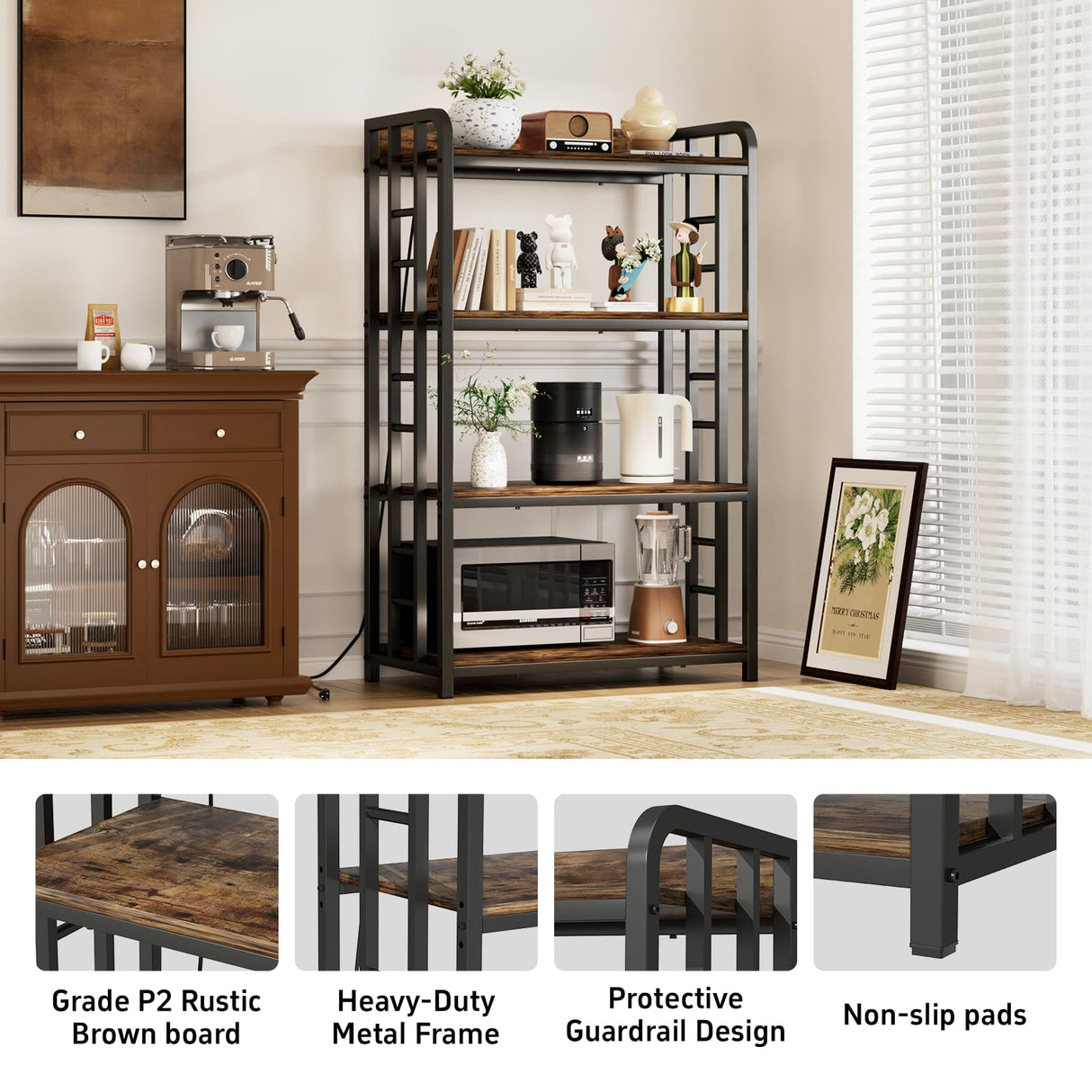 TIFFLOI 4-Tier Rustic Brown Bakers Rack, Black Frame, Top Power Outlet, 70lbs/Shelf, 2 Adjustable Shelves, Small Kitchen & Coffee Bar TIFFLOI