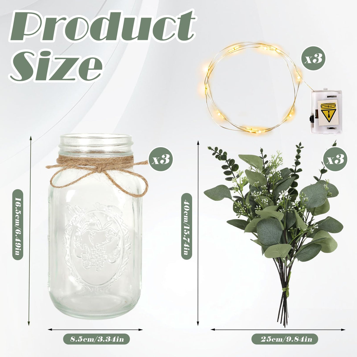 Lighted Mason Jar Centerpiece Set of 3 Eucalyptus Plant Decorative Jars Vase Farmhouse Table Decorations for Home Living Dining Room Wedding Christmas Thanksgiving Party ysnn