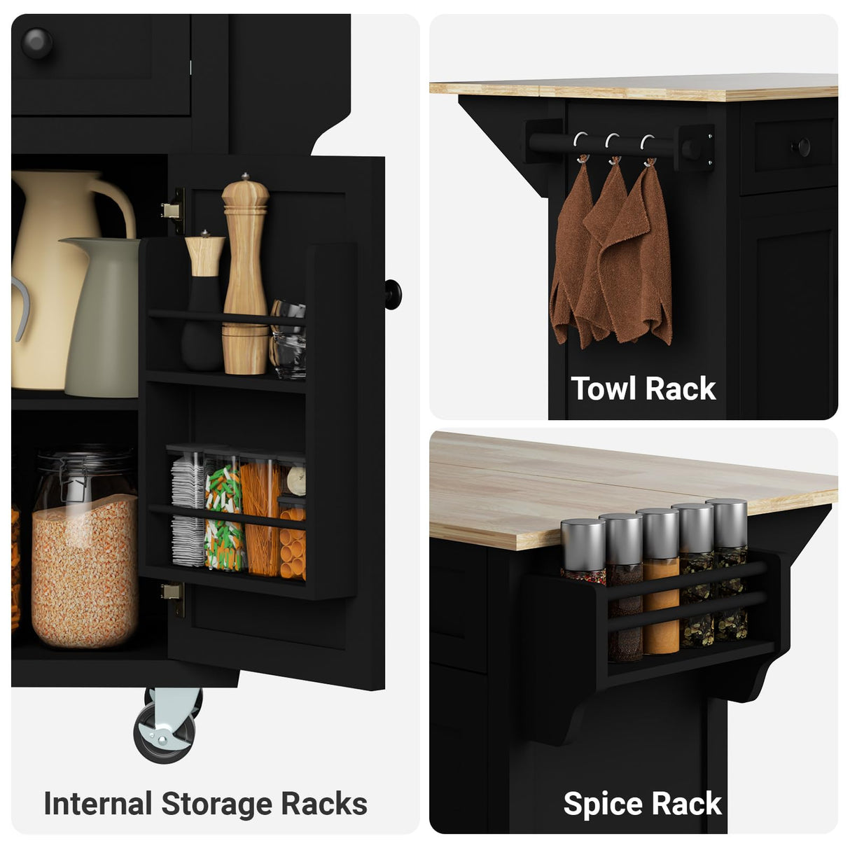Rovibek 53in Mobile Kitchen Island with Drop Leaf, Storage Drawers, and Spice Rack in Jet Black Rovibek