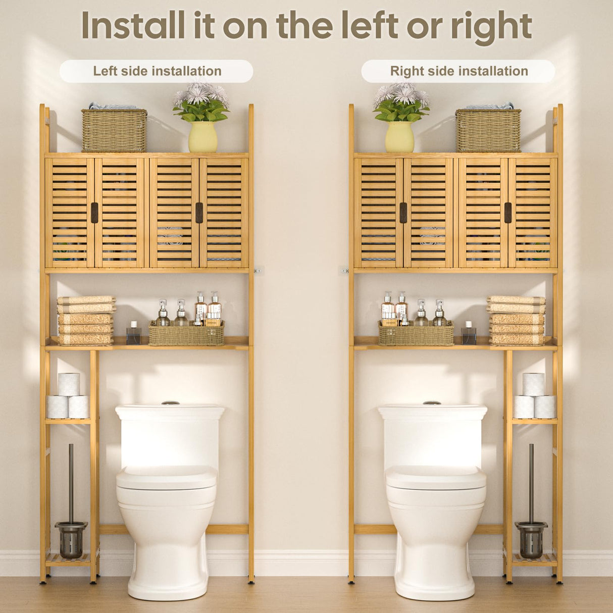 Cozivolife Bamboo Over-The-Toilet Storage Cabinet with Toilet Paper Holder and Four Doors Cozivolife