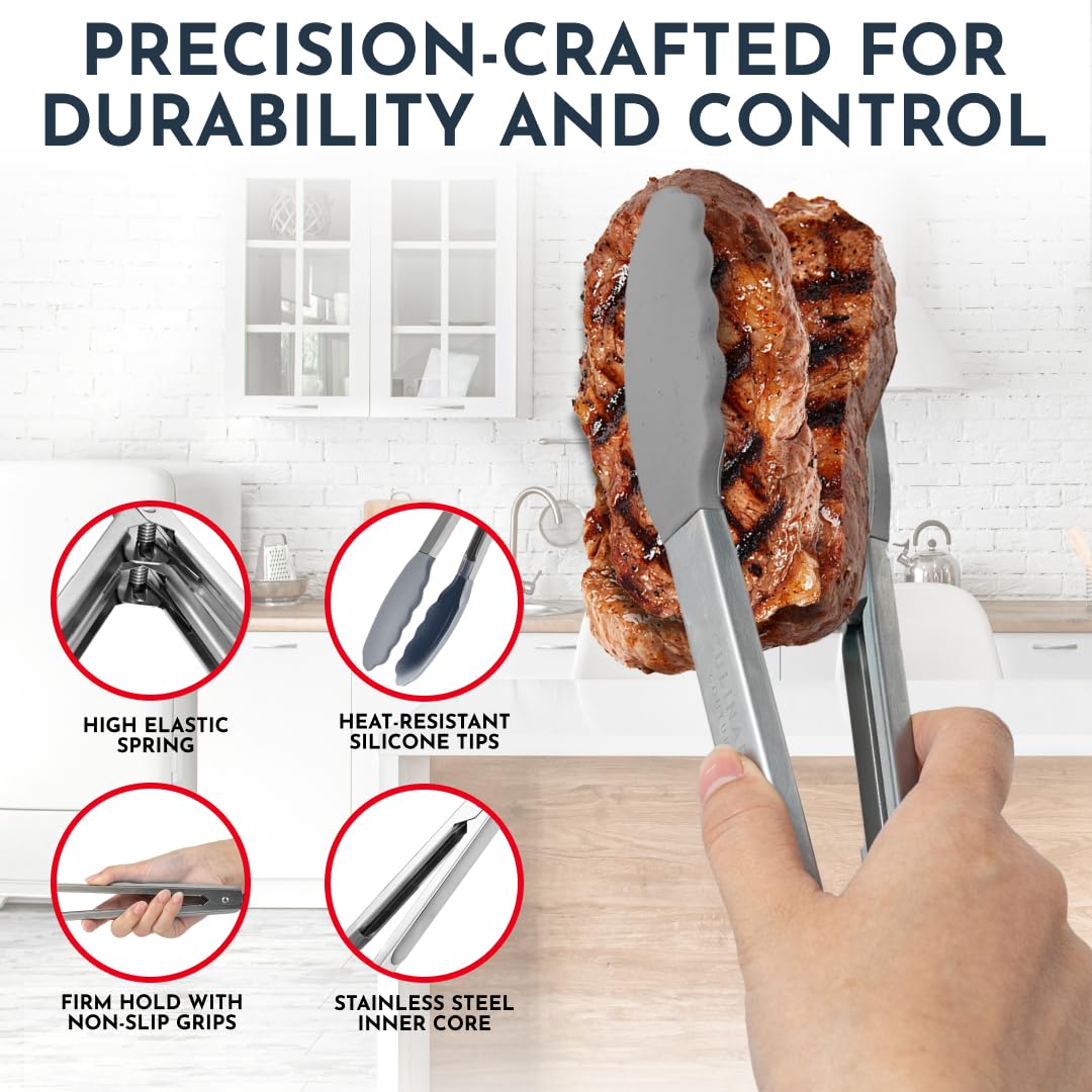 Silicone Kitchen Tongs for Cooking with Silicone Tips, Heat Resistant Tongs for Serving Food, 7-Inch, 9-Inch, 12-Inch Locking Silicone Tongs, Set of 3 Salad Tongs, Grey Kitchen Utensils Culinary Couture