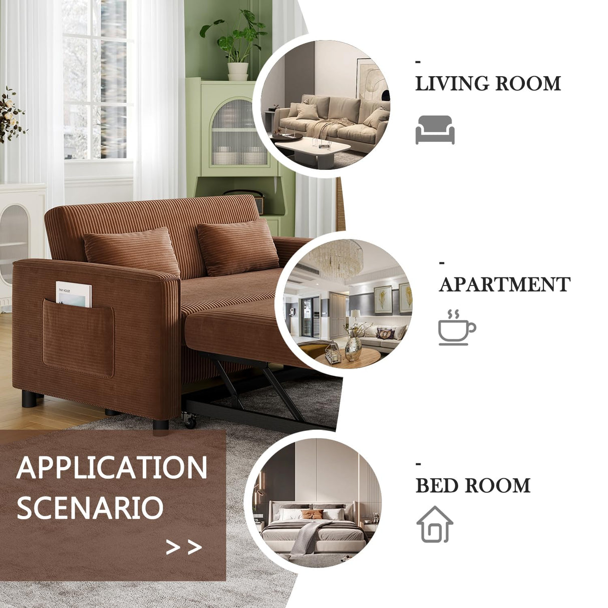 ECHINGLE Sleeper Sofa with Pull Out Sofa Bed,Corduroy Futon Sofa Bed with 3 Level Adjustable Backrest & Storage Pockets and 2 Toss Pillows,Modern Couch Bed for Living Room,Bedroom(Brown) ECHINGLE