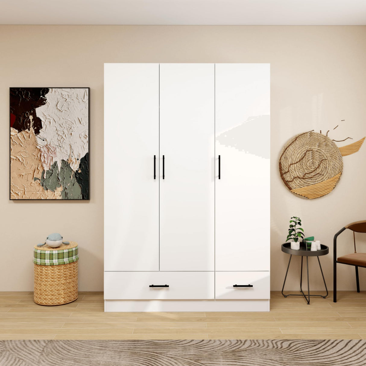 WonderWard Wardrobe Closet, Armoire Wardrobe Closet with 2 Drawers, Closet Cabinet with Clothing Rods, Wardrobe Cabinet with 3 Doors, Wooden Closet with Shelves, Armario De Ropa Closet WonderWard