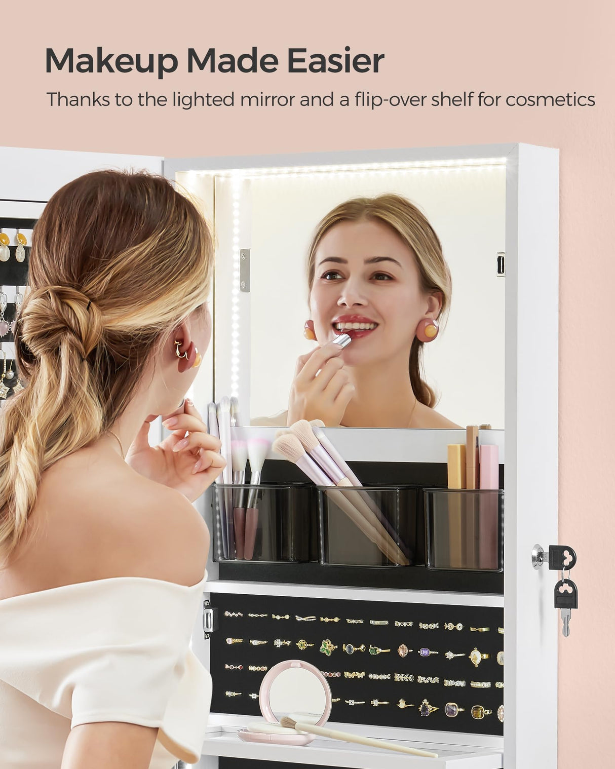 SONGMICS 55 Inches Tall Spacious Jewelry Cabinet, Jewelry Armoire with Light-Up Interior Mirror, Wall or Door Mounted Jewelry Storage Organizer, Lockable, Gift Idea, Cloud White UJJC032W01 SONGMICS