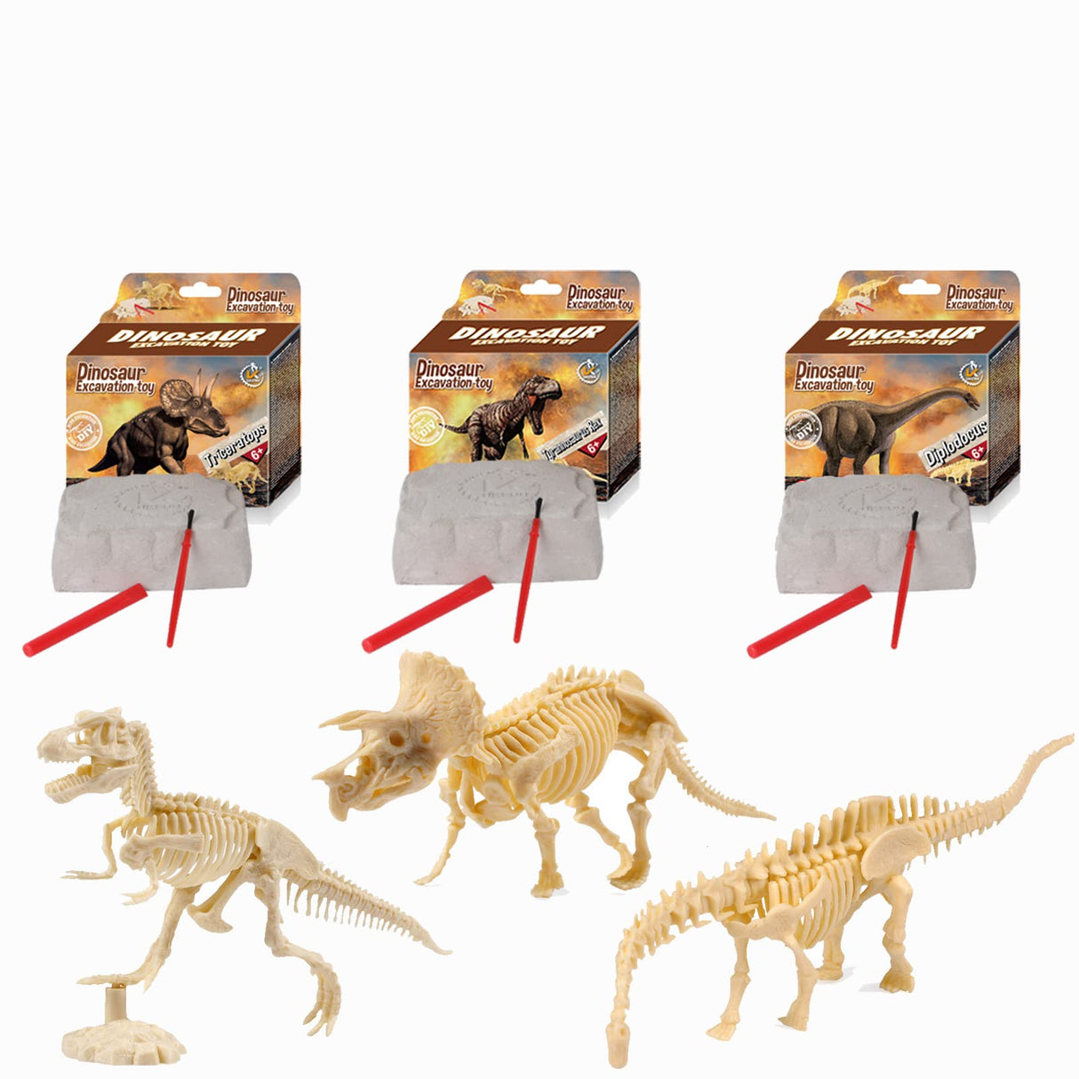 Dinosaur Excavation Kits For Kids,Dino Dig Kits T-Rex,Triceratops and Diplodocus,Dinosaur Fossil Excavation Kits ,Children's Popular Science Education Toys - Dinosaur DIY Toys(Three-piece suit) AKINGSHOP