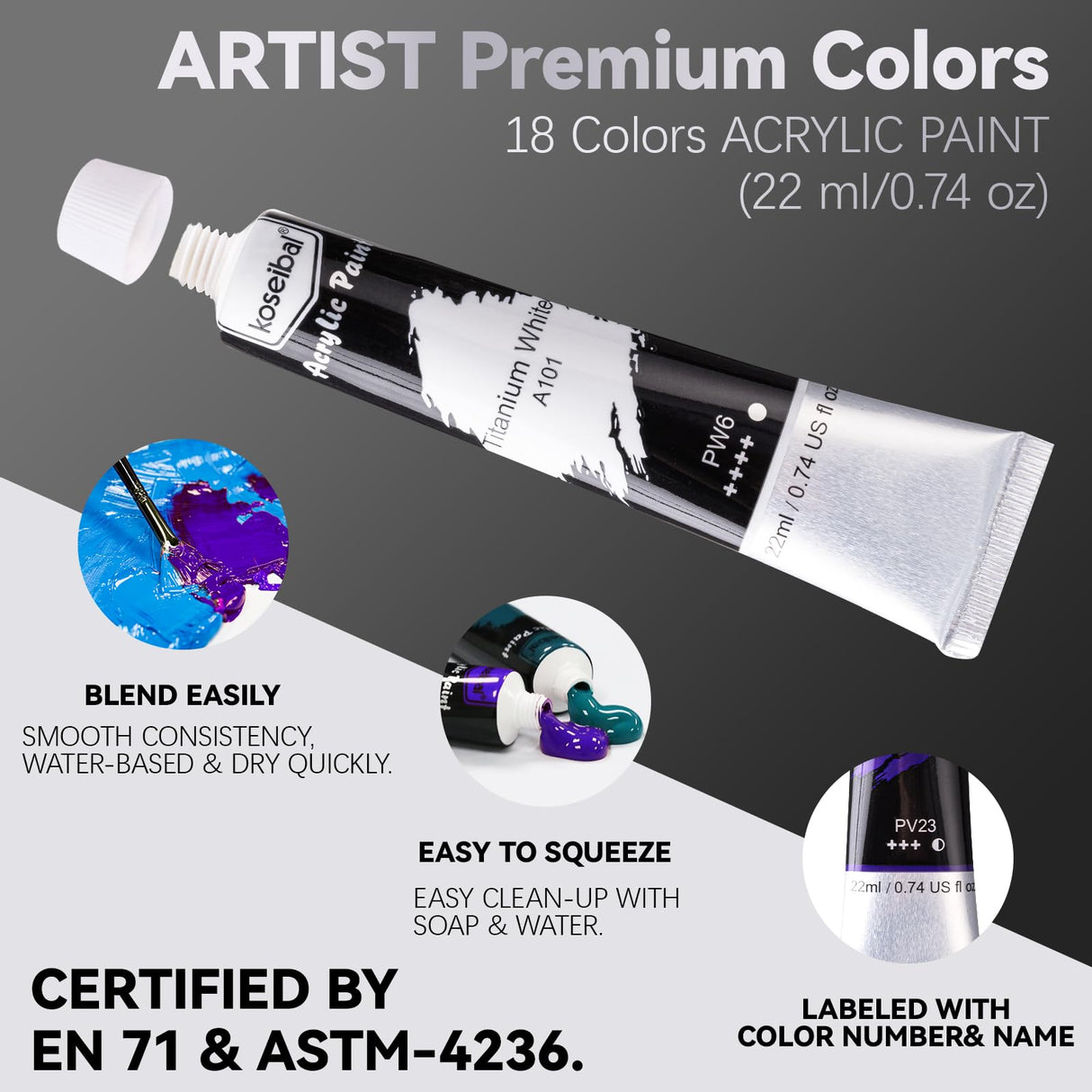 koseibal Acrylic Paint Set for Adults & Kids - 37PCS Painting Supplies Kit with 18 Colors Acrylic Paint, 8 Paint Brushes,6 Canvas Panels, Wooden Easel,Palette, Painting Pad, Cleaning Cup, Cloth koseibal