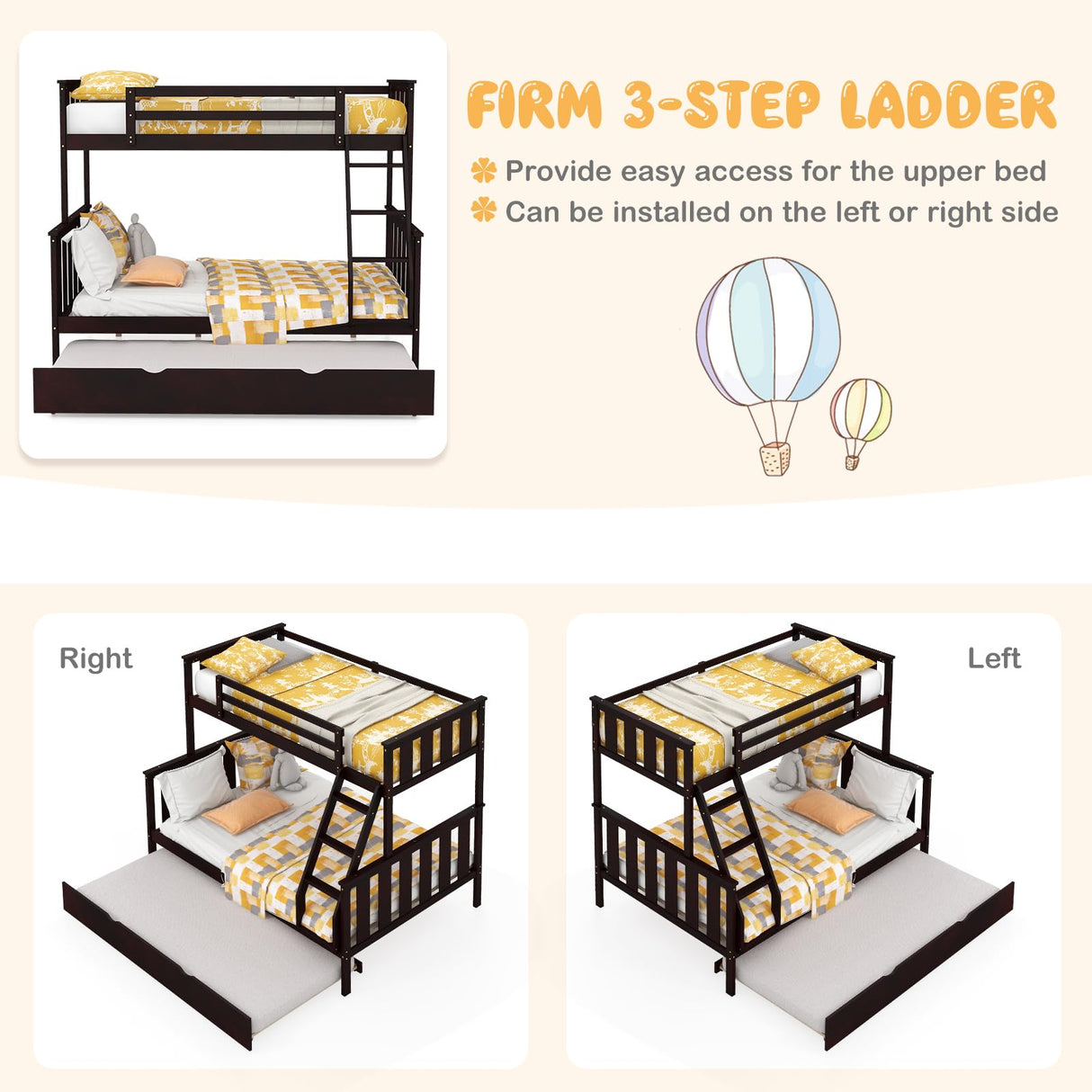 KOMFOTT Espresso Wood Twin Over Full Bunk Bed with Trundle, 250/400 lbs Capacity, Solid Pine Frame, Convertible to 2 Separate Beds, No Box Spring Needed KOMFOTT