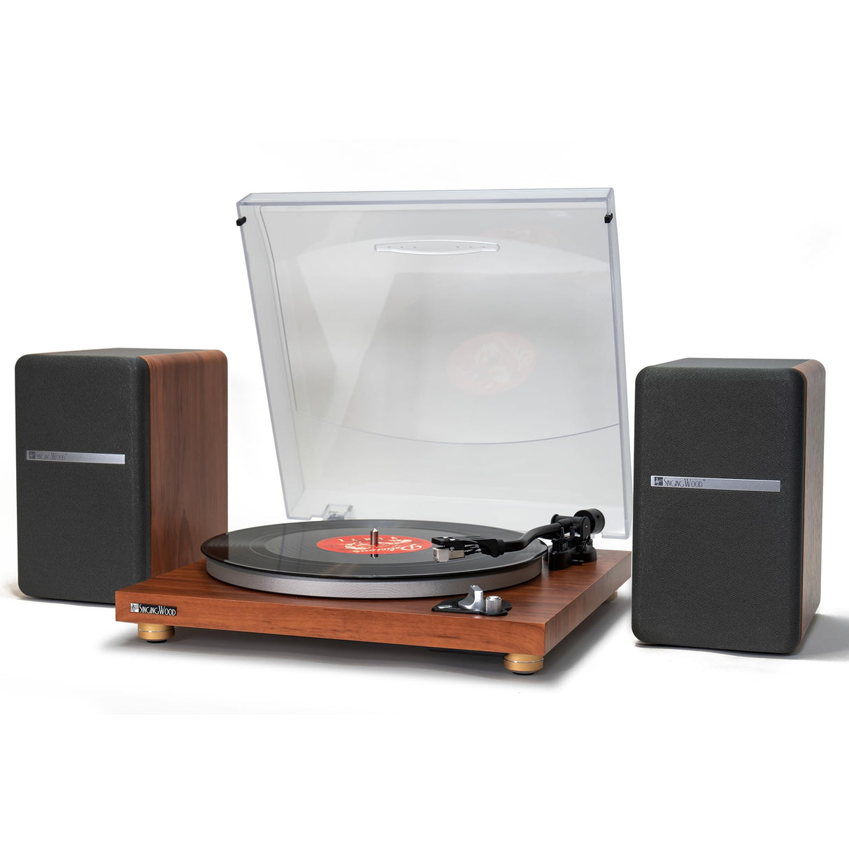 SingingWood Audio VP42AS Bluetooth Belt Drive 2 Speed Built in Preamp Turntable Hi-Fi with 44 Watt Bookshelf Speakers, Vinyl Record Player with Magnetic Cartridge Bluetooth Playback (Walnut) SINGING WOOD