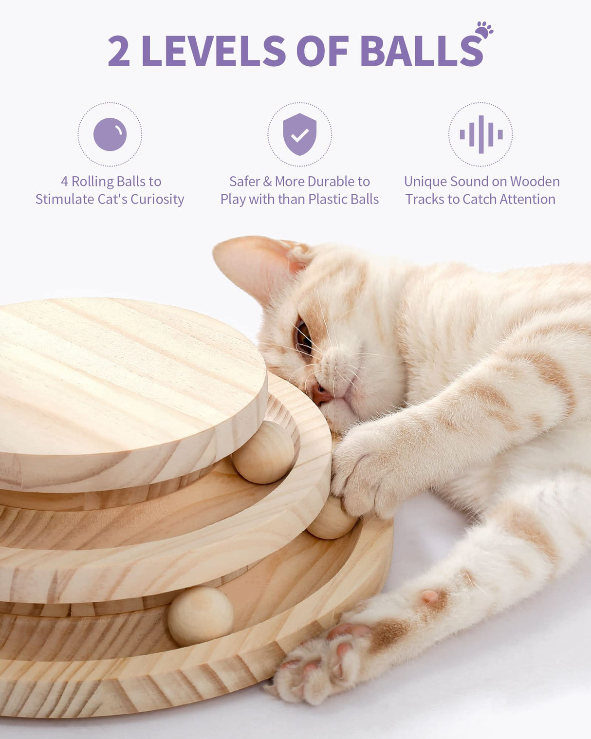 Made4Pets Cat Scratching Post Cat Scratcher Kitten Toys for Indoor Cats Wooden Ball Track Two-Layer Modern Sisal 17.7" Tall Scratch Post Interactive Toy with Dangling Ball MADE 4 PETS