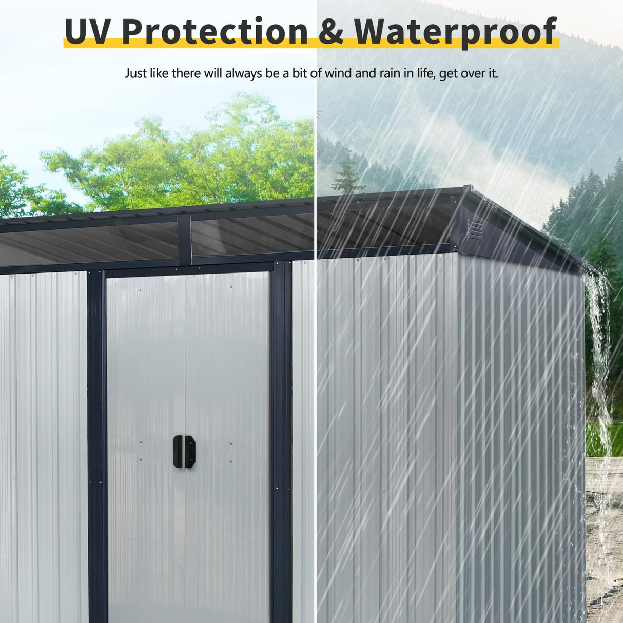YOPTO 8x6 FT Outdoor Storage Shed,Metal Shed with Floor & Transparent Plate,Garden Shed W/Air Vent & Lockable Sliding Door,All Weather Waterproof Tool House W/Sloped Roof,Black+White YOPTO