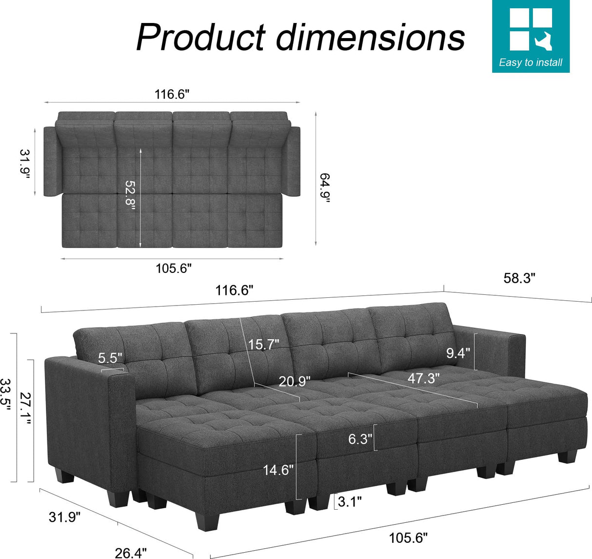 Belffin Storage Modular Sleeper Sofa Sectional Couch with Wide Chaises Convertible Sectional Sofa Bed Modular Sleeper Sectional Couch Bed Dark Grey Belffin