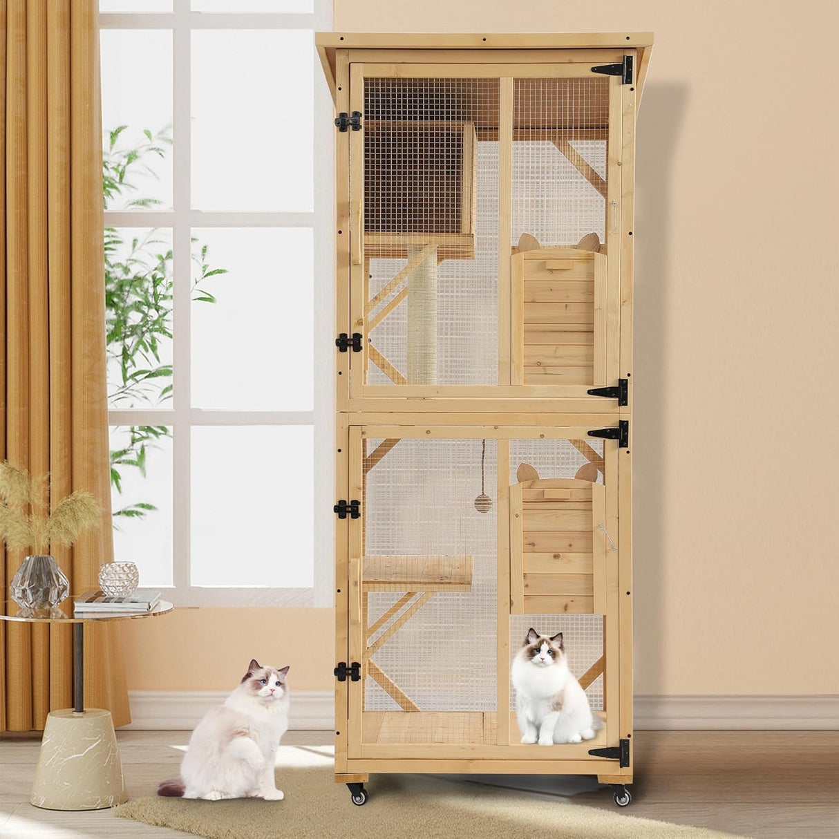 TITIMO 71" Catio Cat Enclosure Window, Large Outdoor/Indoor Cat House for Multiple Cats, Wooden Kitty Condo W/Waterproof Roof, Platforms, Resting Box, Scratching Post, Sisal Ball, Wheels (Burlywood) TITIMO