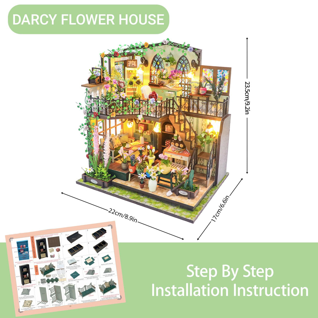 PANZIYU DIY Miniature House Kit, Fairy Dollhouse for Adults to Bulid,Tiny Home Making Kit with Wooden Furniture and LED, Halloween Decoration for Family and Friends (Darcy Flower House) PANZIYU