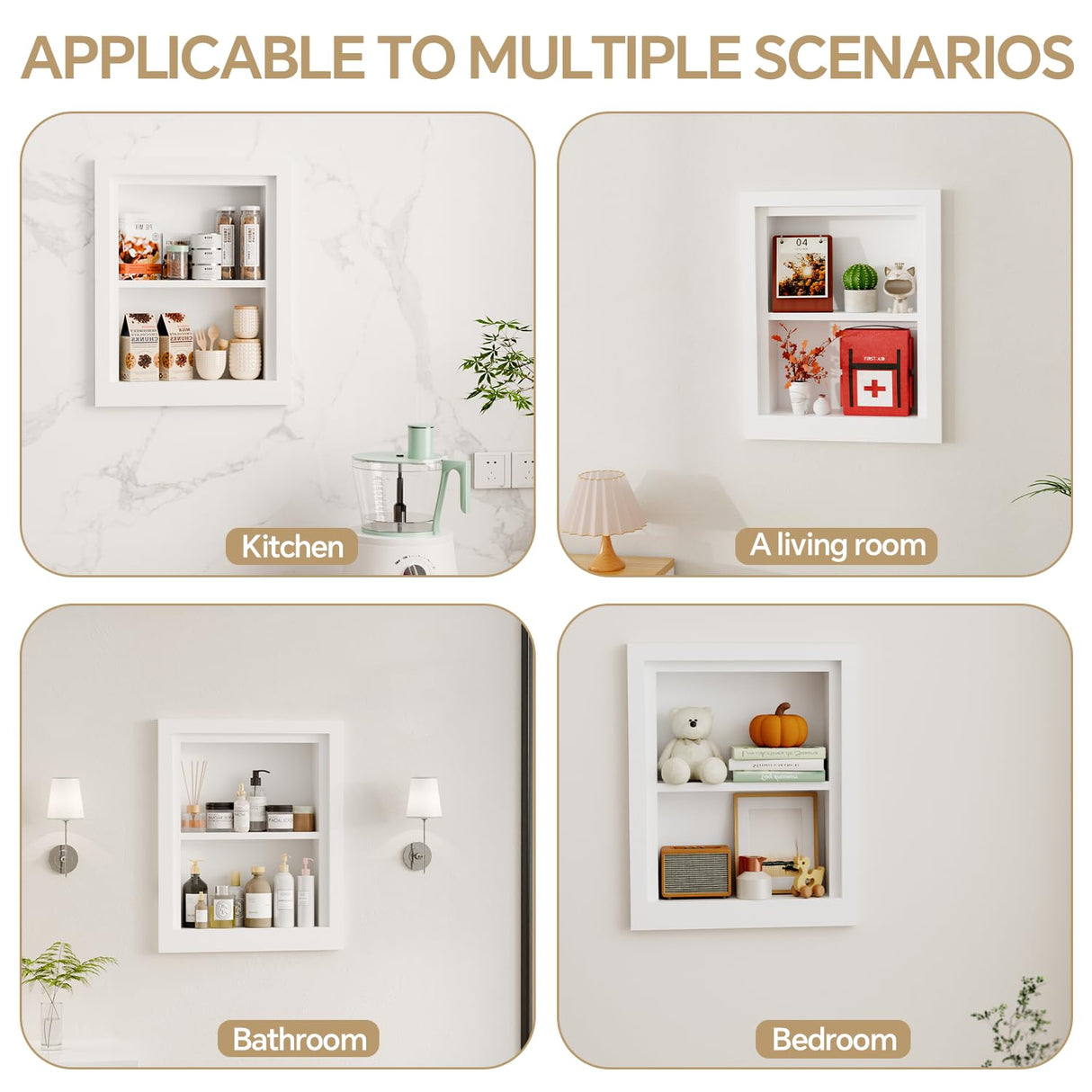 Solid Wood 14 X 18 Recessed Medicine Cabinet,2-Tier, Medicine Cabinet Organizer,Wall Niche, Bathroom Wall Cabinet, recessed bathroom Cabinet,Recessed Wall Cabinet, Bathroom Cabinet With Storage, White BPMFDTNL