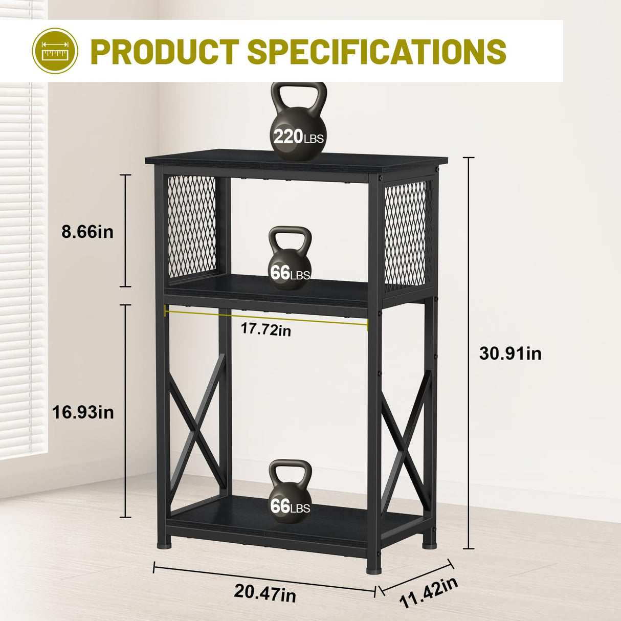 Snughome Fish Tank Stand, 10 Gallon Aquarium Stand with Storage, 3 Tier Heavy Metal Fish Tank Stand Fish Tank Shelf 20.47" x 11.42" x 30.91", Black Snughome