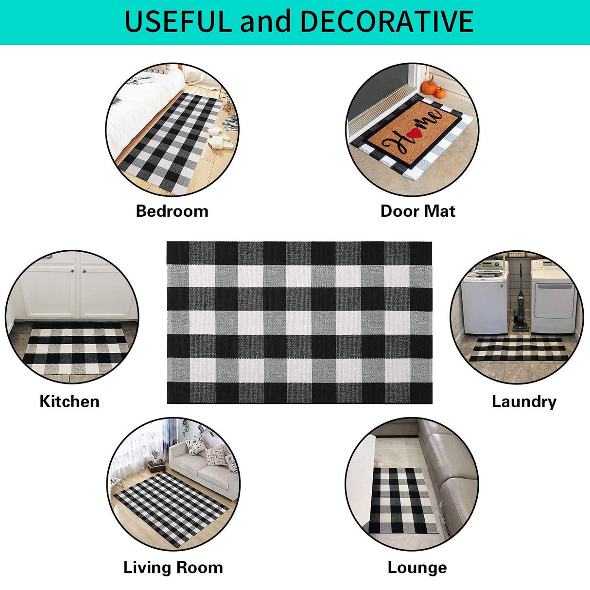 MUBIN Cotton Buffalo Plaid Rug 27.5 x 43 Inches Black and White Check Rugs Hand-Woven Indoor or Outdoor Rugs for Layered Door Mats Washable Carpet for Front Porch, Kitchen, Farmhouse, Entryway MUBIN
