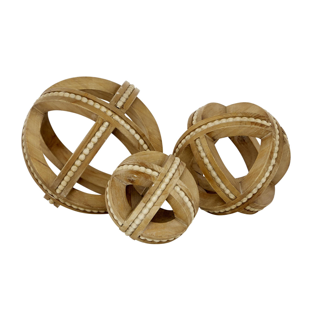 Deco 79 Wood Geometric Handmade Decorative Sculpture Beaded Home Decor Statues, Set of 3 Accent Figurines 7", 6", 4"H, Light Brown Deco 79