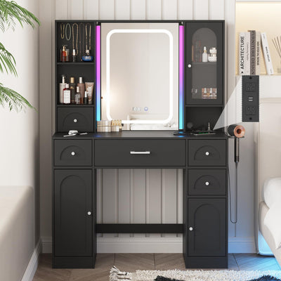 Fameill Black Makeup Vanity Desk with Lights,Makeup Vanity with RGB Lights and Power Strip,Vanity Table with 5 Drawers Lots Storage & Time Display,3 Lighting Modes Vanity Mirror with Lights,41.3in(L)